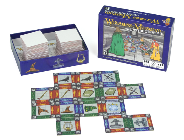 The packaging and play tiles for Wizard's Museum Construction Kit, the new board game from Flatland Games